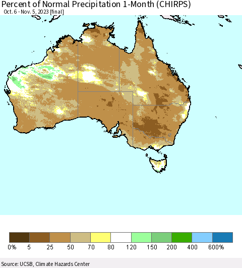 Australia Percent of Normal Precipitation 1-Month (CHIRPS) Thematic Map For 10/6/2023 - 11/5/2023