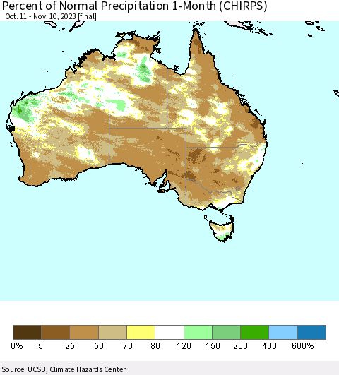 Australia Percent of Normal Precipitation 1-Month (CHIRPS) Thematic Map For 10/11/2023 - 11/10/2023