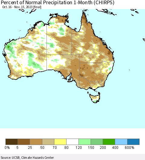 Australia Percent of Normal Precipitation 1-Month (CHIRPS) Thematic Map For 10/16/2023 - 11/15/2023