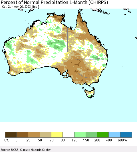 Australia Percent of Normal Precipitation 1-Month (CHIRPS) Thematic Map For 10/21/2023 - 11/20/2023