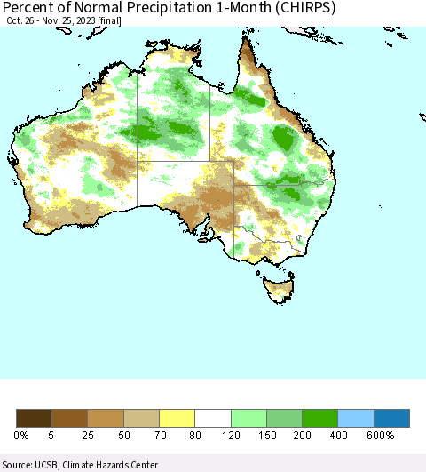 Australia Percent of Normal Precipitation 1-Month (CHIRPS) Thematic Map For 10/26/2023 - 11/25/2023