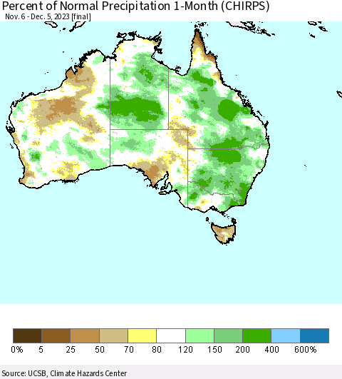 Australia Percent of Normal Precipitation 1-Month (CHIRPS) Thematic Map For 11/6/2023 - 12/5/2023