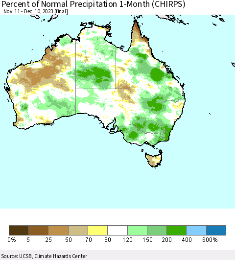 Australia Percent of Normal Precipitation 1-Month (CHIRPS) Thematic Map For 11/11/2023 - 12/10/2023