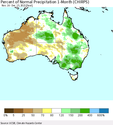 Australia Percent of Normal Precipitation 1-Month (CHIRPS) Thematic Map For 11/16/2023 - 12/15/2023