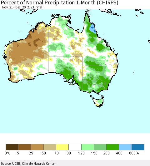 Australia Percent of Normal Precipitation 1-Month (CHIRPS) Thematic Map For 11/21/2023 - 12/20/2023