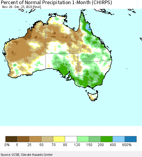 Australia Percent of Normal Precipitation 1-Month (CHIRPS) Thematic Map For 11/26/2023 - 12/25/2023