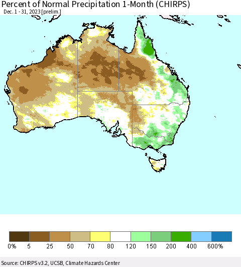Australia Percent of Normal Precipitation 1-Month (CHIRPS) Thematic Map For 12/1/2023 - 12/31/2023