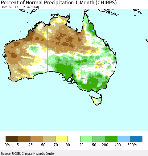 Australia Percent of Normal Precipitation 1-Month (CHIRPS) Thematic Map For 12/6/2023 - 1/5/2024