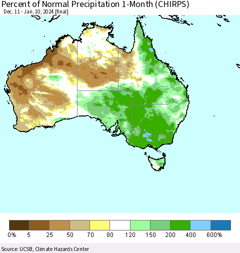 Australia Percent of Normal Precipitation 1-Month (CHIRPS) Thematic Map For 12/11/2023 - 1/10/2024