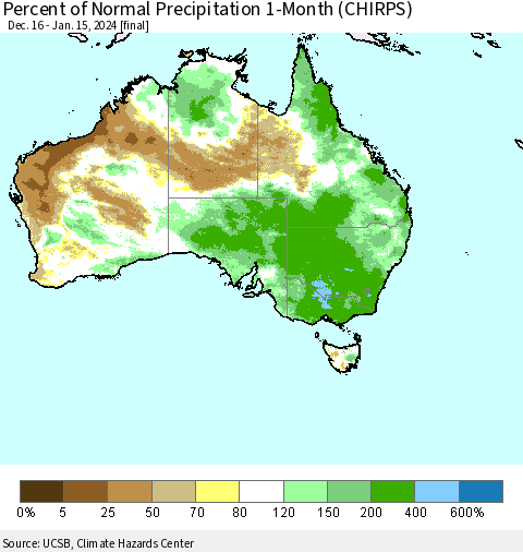 Australia Percent of Normal Precipitation 1-Month (CHIRPS) Thematic Map For 12/16/2023 - 1/15/2024