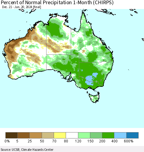 Australia Percent of Normal Precipitation 1-Month (CHIRPS) Thematic Map For 12/21/2023 - 1/20/2024