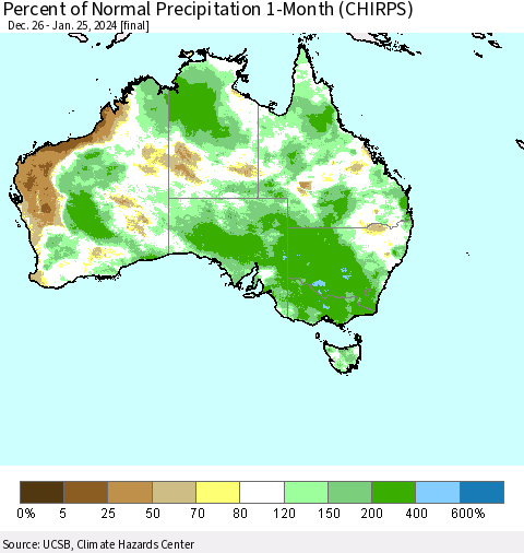 Australia Percent of Normal Precipitation 1-Month (CHIRPS) Thematic Map For 12/26/2023 - 1/25/2024