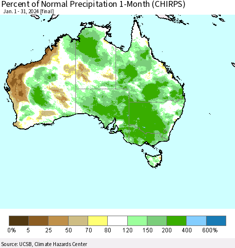 Australia Percent of Normal Precipitation 1-Month (CHIRPS) Thematic Map For 1/1/2024 - 1/31/2024