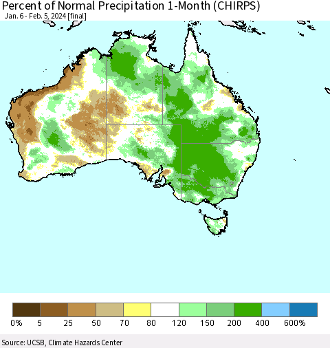 Australia Percent of Normal Precipitation 1-Month (CHIRPS) Thematic Map For 1/6/2024 - 2/5/2024