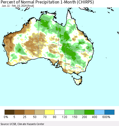 Australia Percent of Normal Precipitation 1-Month (CHIRPS) Thematic Map For 1/11/2024 - 2/10/2024