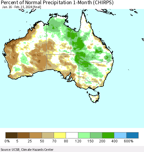 Australia Percent of Normal Precipitation 1-Month (CHIRPS) Thematic Map For 1/16/2024 - 2/15/2024