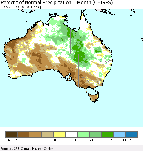 Australia Percent of Normal Precipitation 1-Month (CHIRPS) Thematic Map For 1/21/2024 - 2/20/2024