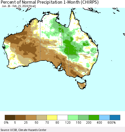 Australia Percent of Normal Precipitation 1-Month (CHIRPS) Thematic Map For 1/26/2024 - 2/25/2024