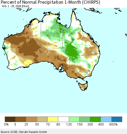 Australia Percent of Normal Precipitation 1-Month (CHIRPS) Thematic Map For 2/1/2024 - 2/29/2024