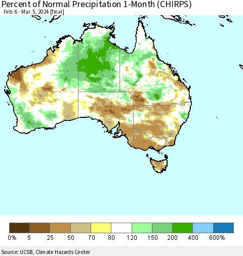 Australia Percent of Normal Precipitation 1-Month (CHIRPS) Thematic Map For 2/6/2024 - 3/5/2024