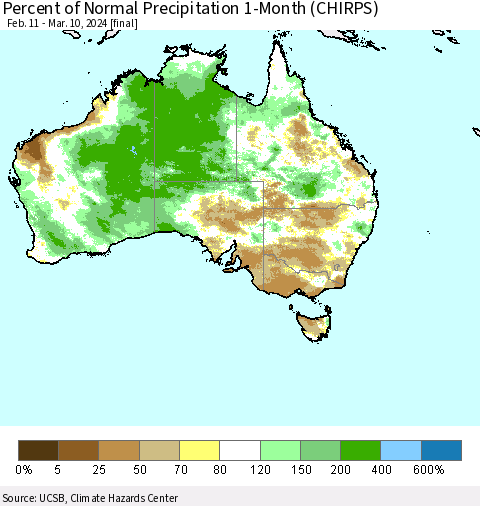 Australia Percent of Normal Precipitation 1-Month (CHIRPS) Thematic Map For 2/11/2024 - 3/10/2024