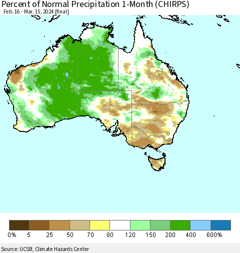 Australia Percent of Normal Precipitation 1-Month (CHIRPS) Thematic Map For 2/16/2024 - 3/15/2024