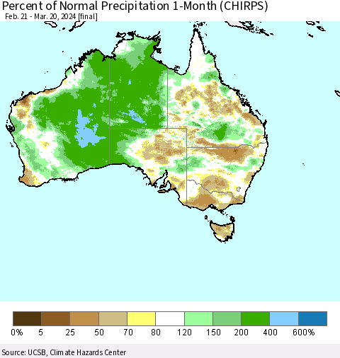 Australia Percent of Normal Precipitation 1-Month (CHIRPS) Thematic Map For 2/21/2024 - 3/20/2024