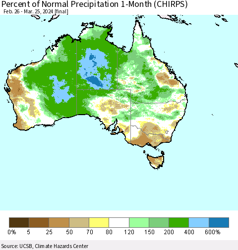Australia Percent of Normal Precipitation 1-Month (CHIRPS) Thematic Map For 2/26/2024 - 3/25/2024