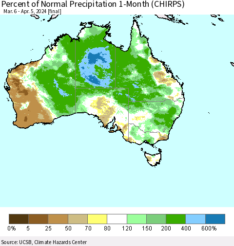 Australia Percent of Normal Precipitation 1-Month (CHIRPS) Thematic Map For 3/6/2024 - 4/5/2024