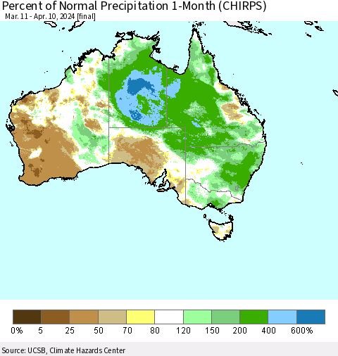 Australia Percent of Normal Precipitation 1-Month (CHIRPS) Thematic Map For 3/11/2024 - 4/10/2024