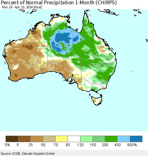 Australia Percent of Normal Precipitation 1-Month (CHIRPS) Thematic Map For 3/16/2024 - 4/15/2024