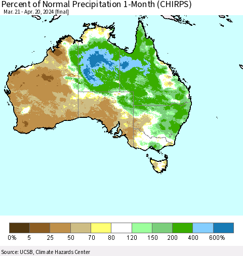 Australia Percent of Normal Precipitation 1-Month (CHIRPS) Thematic Map For 3/21/2024 - 4/20/2024