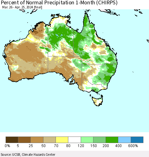 Australia Percent of Normal Precipitation 1-Month (CHIRPS) Thematic Map For 3/26/2024 - 4/25/2024