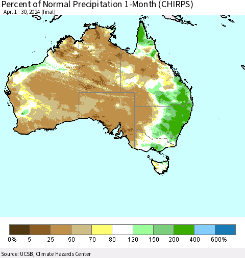 Australia Percent of Normal Precipitation 1-Month (CHIRPS) Thematic Map For 4/1/2024 - 4/30/2024