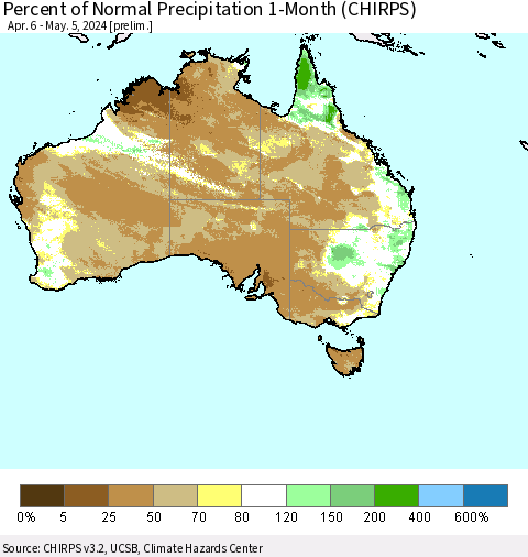 Australia Percent of Normal Precipitation 1-Month (CHIRPS) Thematic Map For 4/6/2024 - 5/5/2024