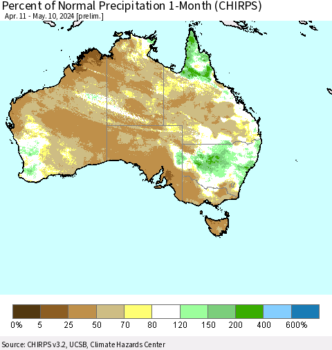 Australia Percent of Normal Precipitation 1-Month (CHIRPS) Thematic Map For 4/11/2024 - 5/10/2024