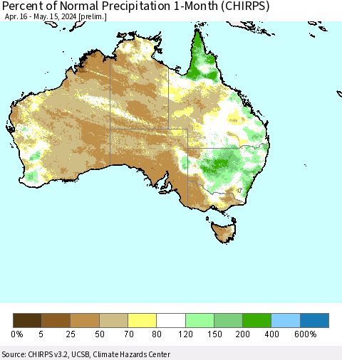 Australia Percent of Normal Precipitation 1-Month (CHIRPS) Thematic Map For 4/16/2024 - 5/15/2024