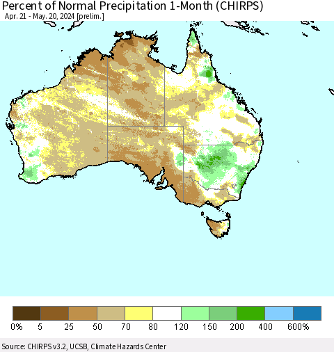 Australia Percent of Normal Precipitation 1-Month (CHIRPS) Thematic Map For 4/21/2024 - 5/20/2024