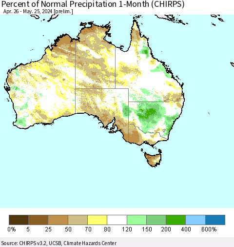 Australia Percent of Normal Precipitation 1-Month (CHIRPS) Thematic Map For 4/26/2024 - 5/25/2024