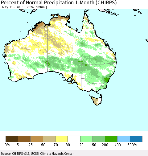 Australia Percent of Normal Precipitation 1-Month (CHIRPS) Thematic Map For 5/11/2024 - 6/10/2024