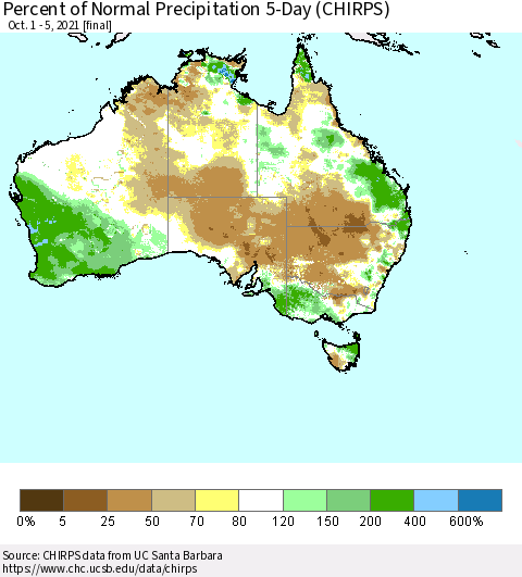Australia Percent of Normal Precipitation 5-Day (CHIRPS) Thematic Map For 10/1/2021 - 10/5/2021