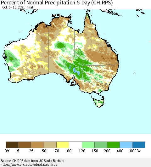 Australia Percent of Normal Precipitation 5-Day (CHIRPS) Thematic Map For 10/6/2021 - 10/10/2021