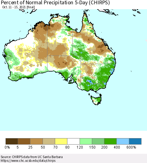 Australia Percent of Normal Precipitation 5-Day (CHIRPS) Thematic Map For 10/11/2021 - 10/15/2021