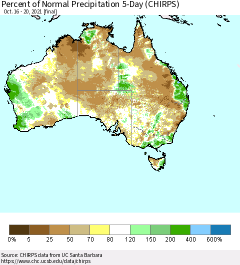 Australia Percent of Normal Precipitation 5-Day (CHIRPS) Thematic Map For 10/16/2021 - 10/20/2021