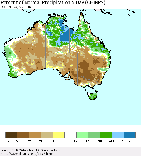 Australia Percent of Normal Precipitation 5-Day (CHIRPS) Thematic Map For 10/21/2021 - 10/25/2021