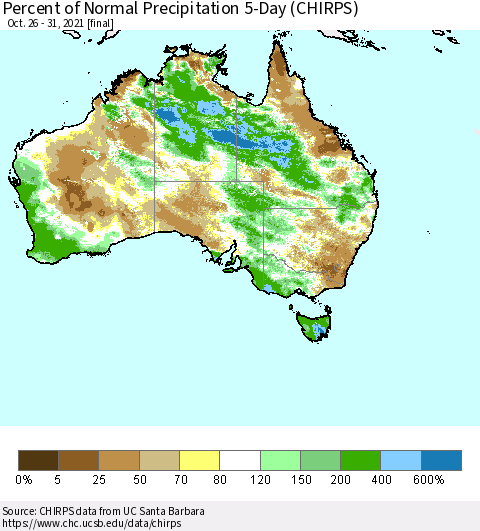 Australia Percent of Normal Precipitation 5-Day (CHIRPS) Thematic Map For 10/26/2021 - 10/31/2021