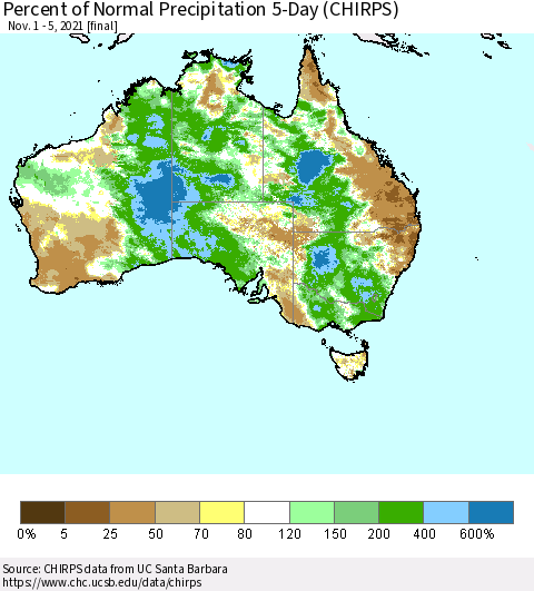 Australia Percent of Normal Precipitation 5-Day (CHIRPS) Thematic Map For 11/1/2021 - 11/5/2021