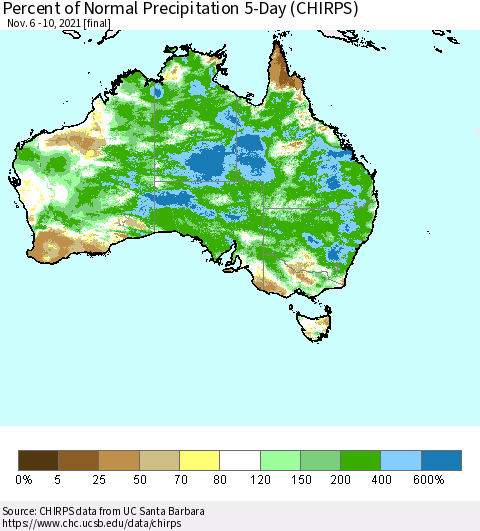 Australia Percent of Normal Precipitation 5-Day (CHIRPS) Thematic Map For 11/6/2021 - 11/10/2021