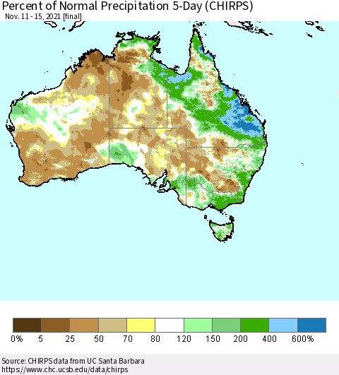 Australia Percent of Normal Precipitation 5-Day (CHIRPS) Thematic Map For 11/11/2021 - 11/15/2021