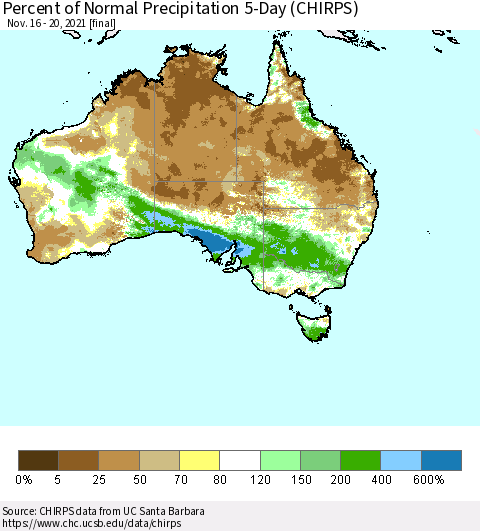 Australia Percent of Normal Precipitation 5-Day (CHIRPS) Thematic Map For 11/16/2021 - 11/20/2021